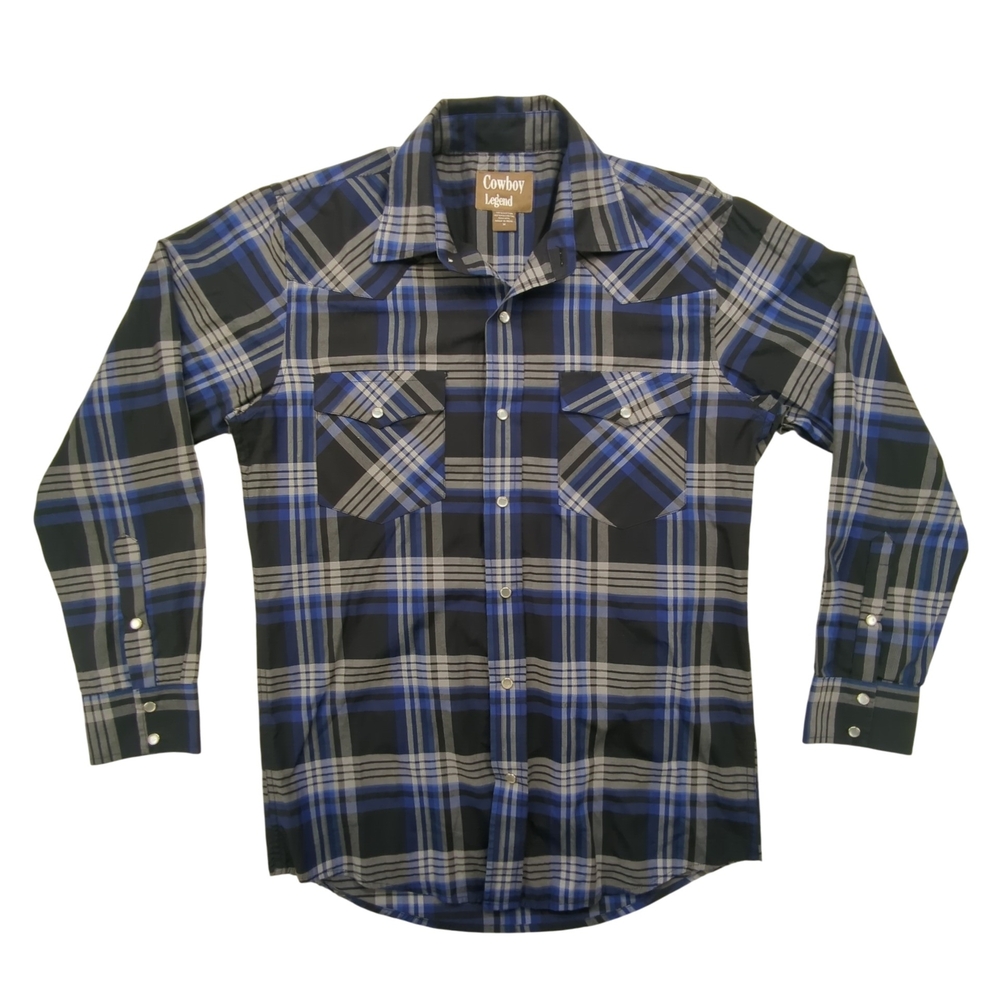 Cowboy Legend Shirt Mens Medium Western Pearl Snap Plaid Blue Black Long Sleeve